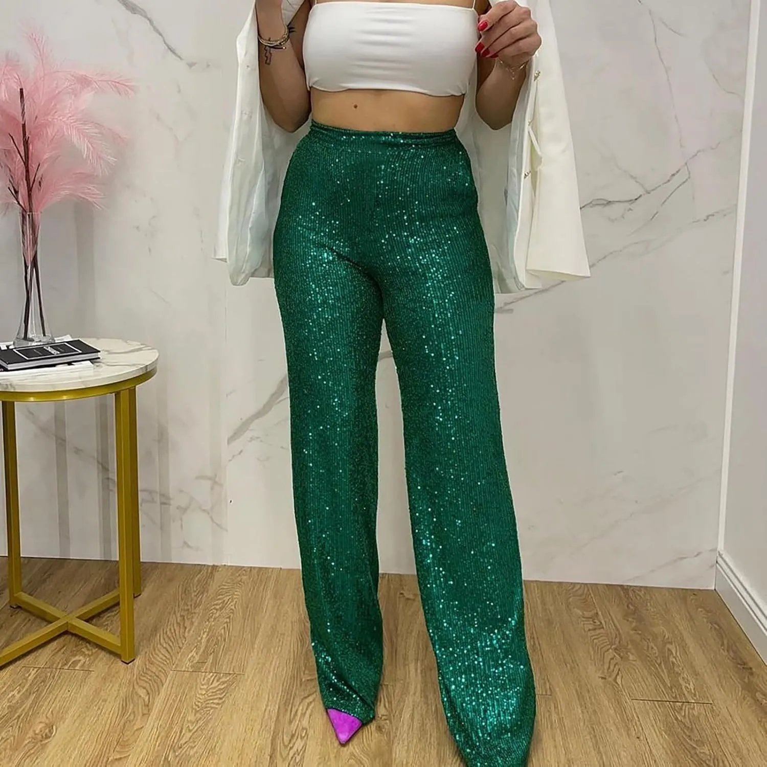 Sequin Pants for Women High Waisted Fashion Glitter Flare Bell Bottom Stretchy Casual Loose Night Party Wide Leg Trousers