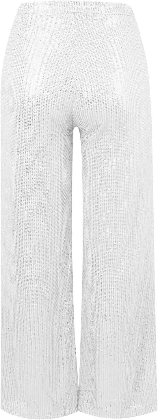 Sequin Pants Women Fashion High Waist Pant Sparkly Wide Leg Trousers Elastic Loose Side Zipper Shiny Pants