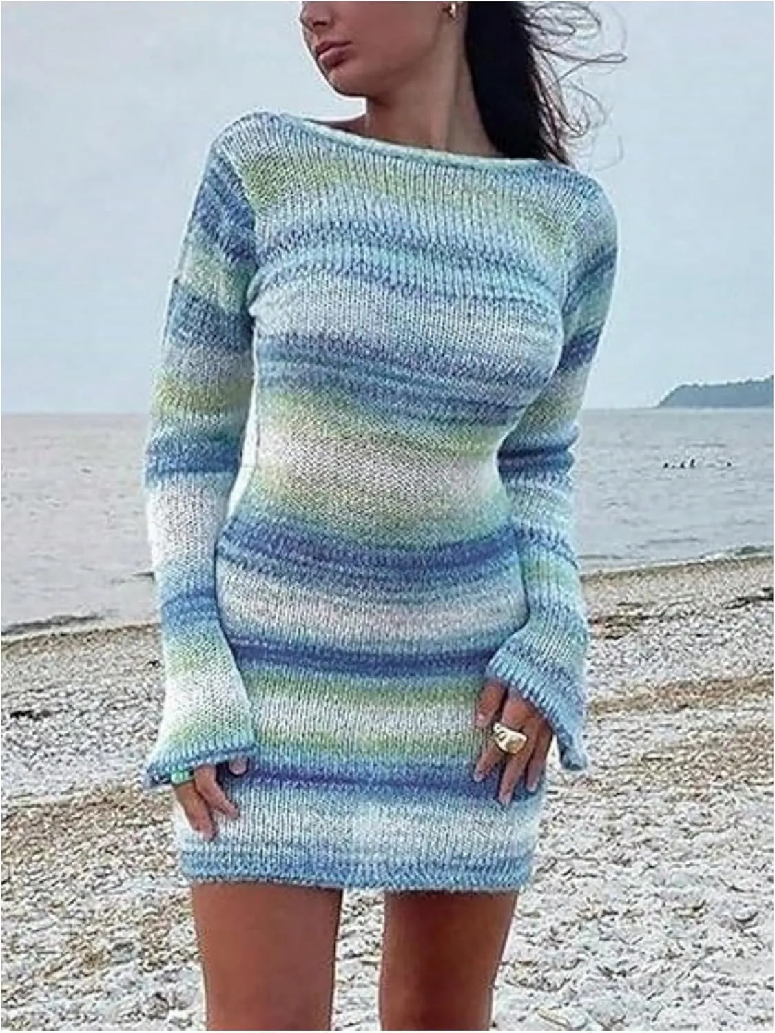 SHENHE Women's Sexy Backless Bell Sleeve Striped Knit Bodycon Mini Beach Dress Coverups