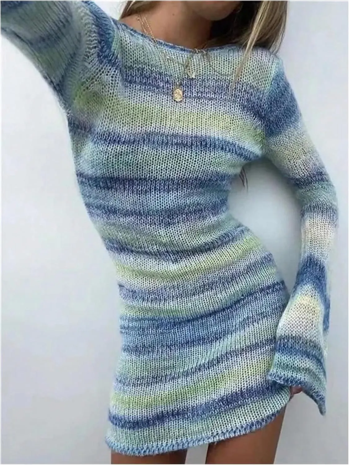 SHENHE Women's Sexy Backless Bell Sleeve Striped Knit Bodycon Mini Beach Dress Coverups