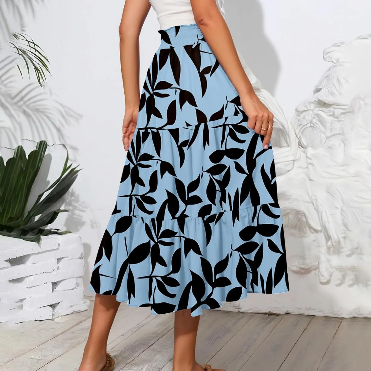 Skirts for Women Summer Plus Size Midi Knee Length Skirt Floral Boho Flowy Pleated Tiered A-Line Skirts with Pockets