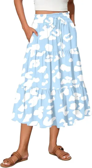 Skirts for Women Summer Plus Size Midi Knee Length Skirt Floral Boho Flowy Pleated Tiered A-Line Skirts with Pockets