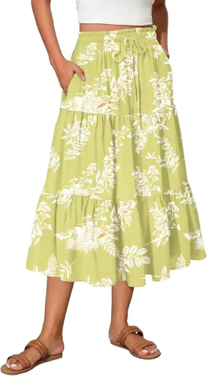 Skirts for Women Summer Plus Size Midi Knee Length Skirt Floral Boho Flowy Pleated Tiered A-Line Skirts with Pockets