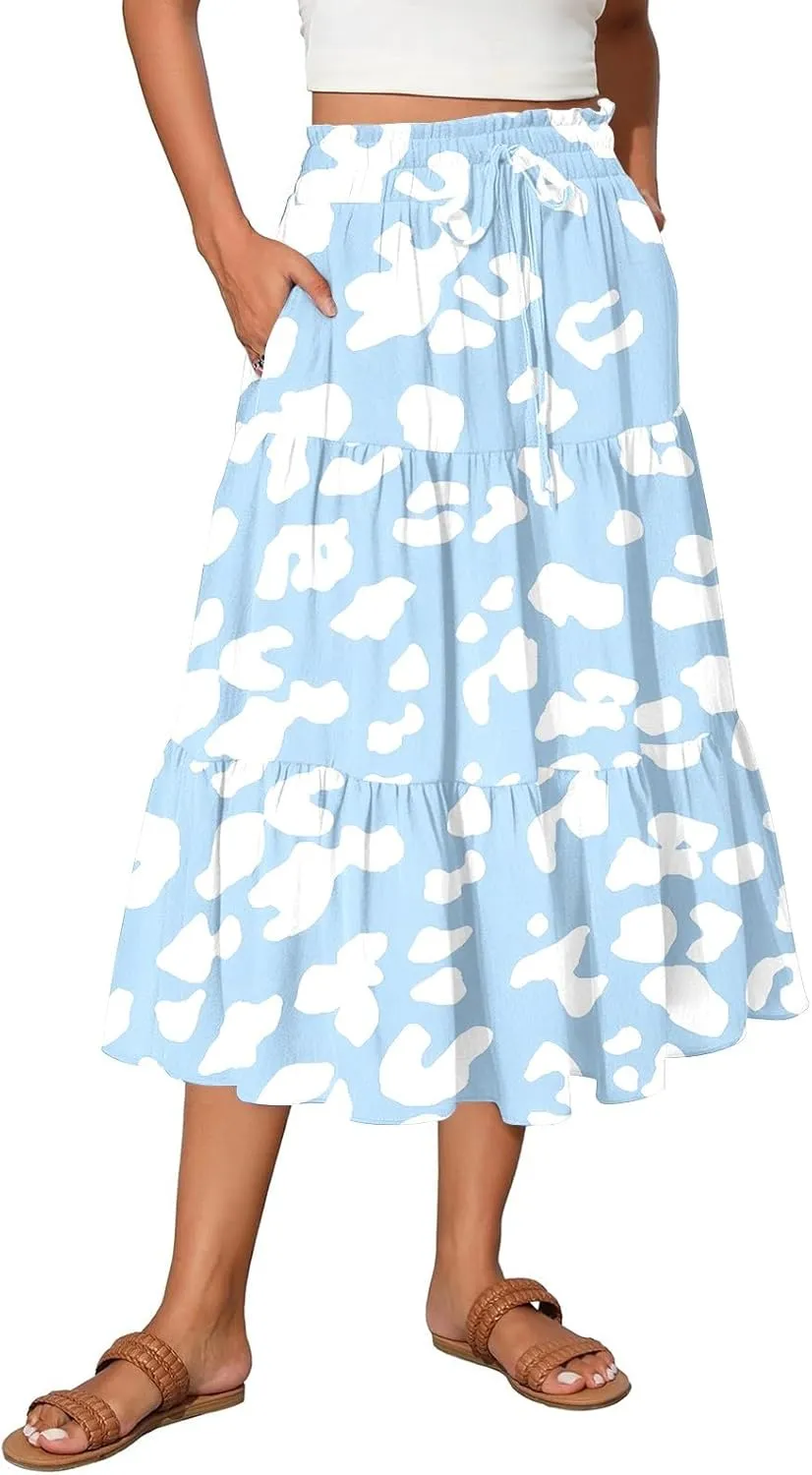 Skirts for Women Summer Plus Size Midi Knee Length Skirt Floral Boho Flowy Pleated Tiered A-Line Skirts with Pockets