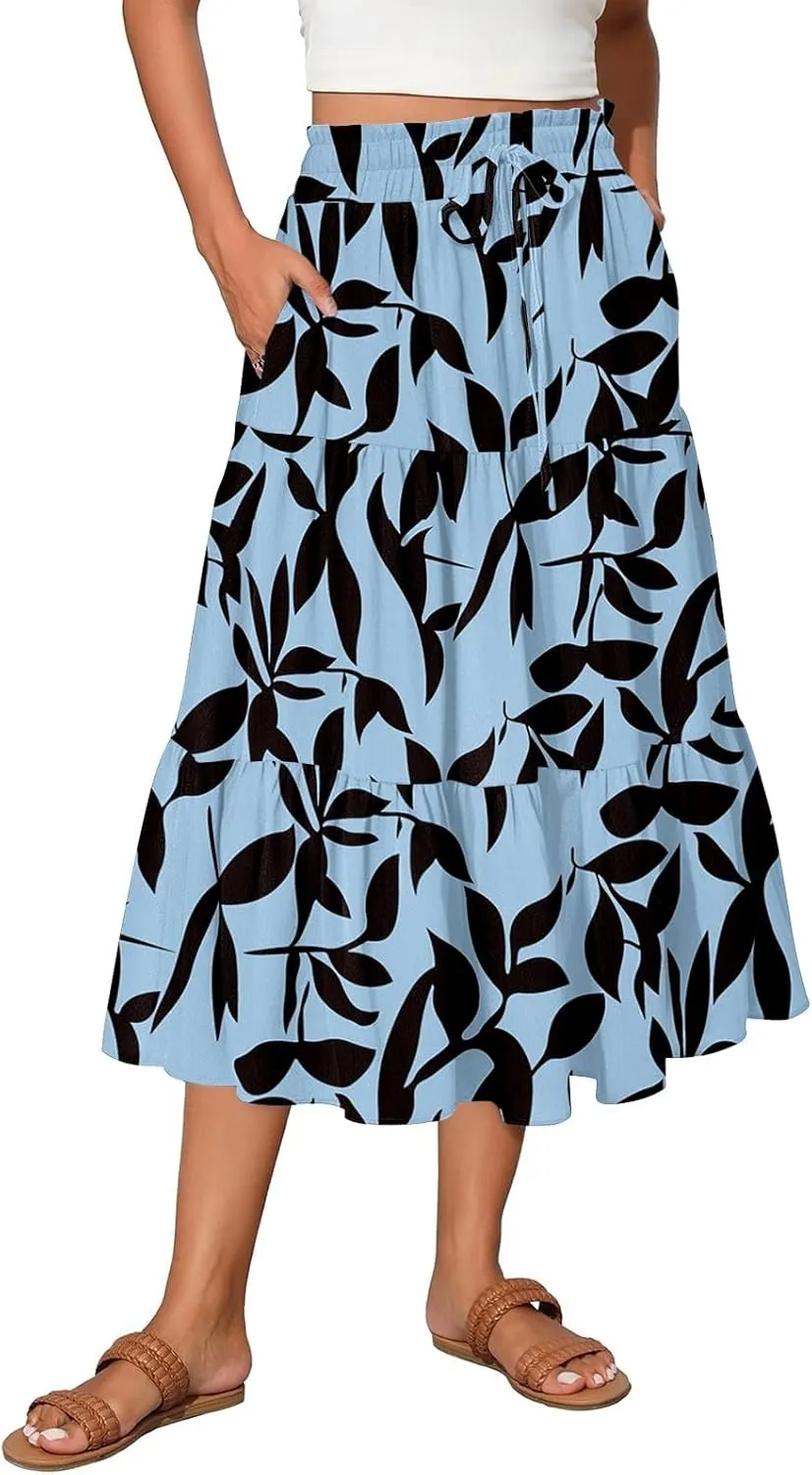 Skirts for Women Summer Plus Size Midi Knee Length Skirt Floral Boho Flowy Pleated Tiered A-Line Skirts with Pockets