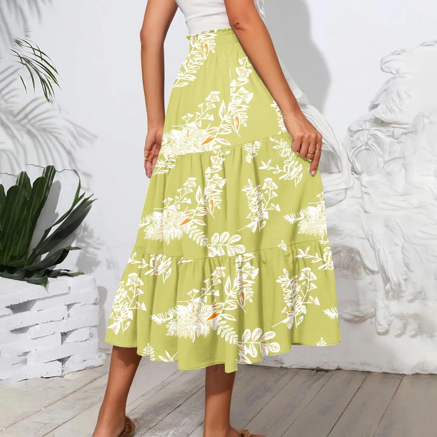Skirts for Women Summer Plus Size Midi Knee Length Skirt Floral Boho Flowy Pleated Tiered A-Line Skirts with Pockets