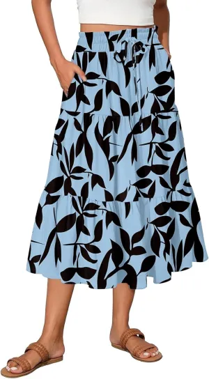 Skirts for Women Summer Plus Size Midi Knee Length Skirt Floral Boho Flowy Pleated Tiered A-Line Skirts with Pockets