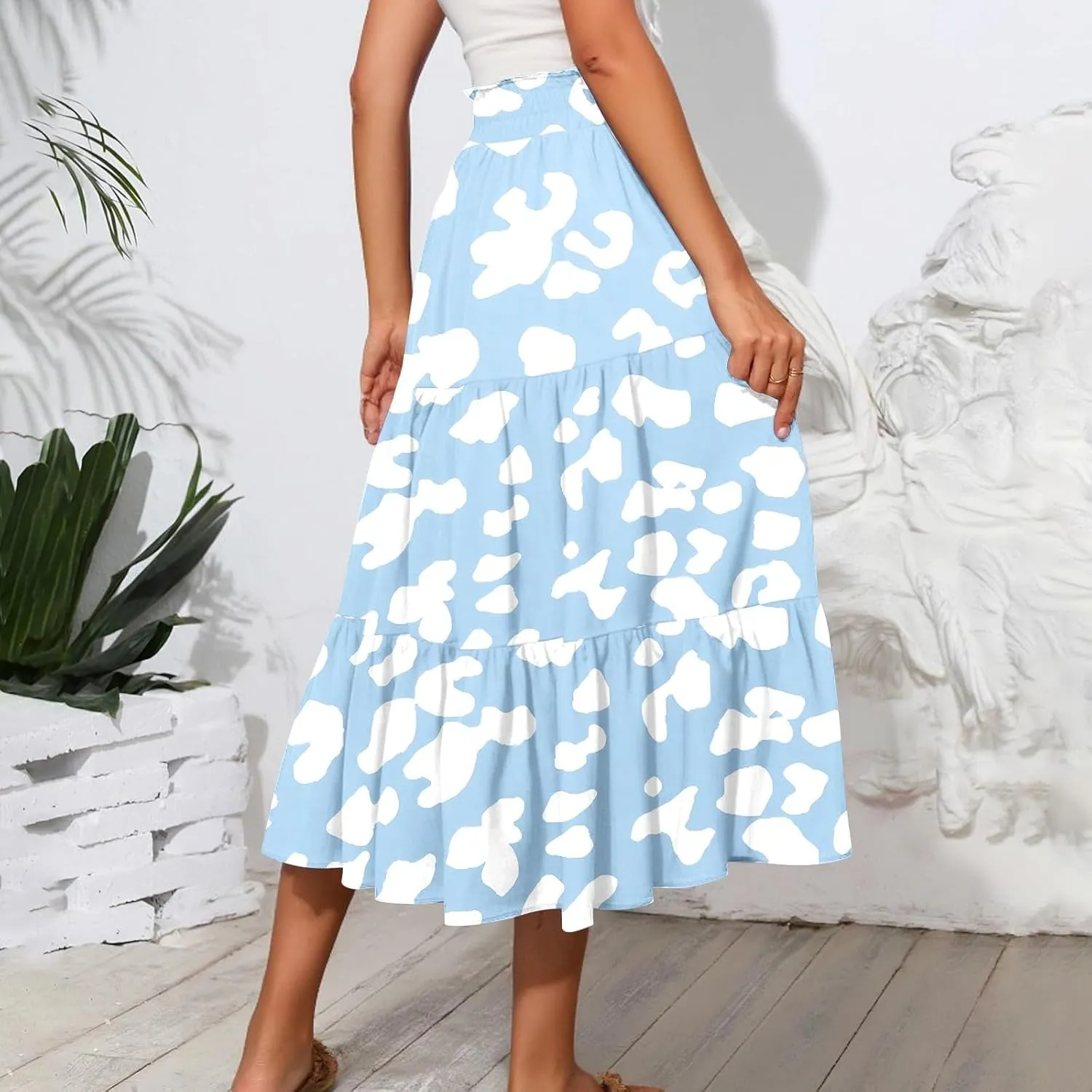 Skirts for Women Summer Plus Size Midi Knee Length Skirt Floral Boho Flowy Pleated Tiered A-Line Skirts with Pockets