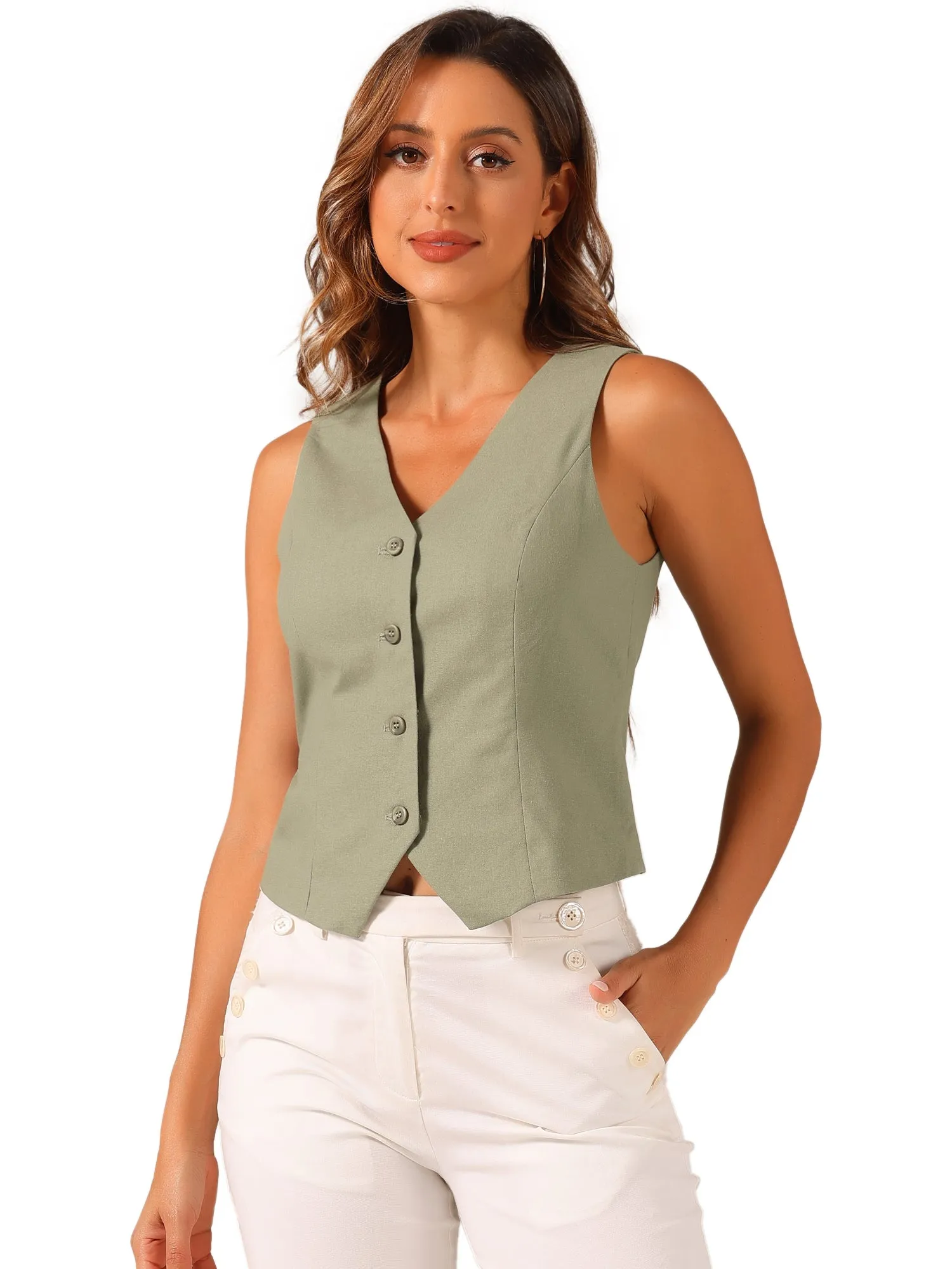 Sleeveless Solid Button Down V Neck Waistcoat Vest