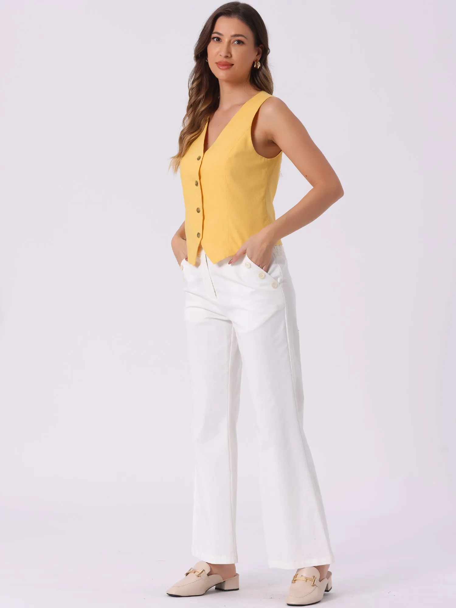 Sleeveless Solid Button Down V Neck Waistcoat Vest