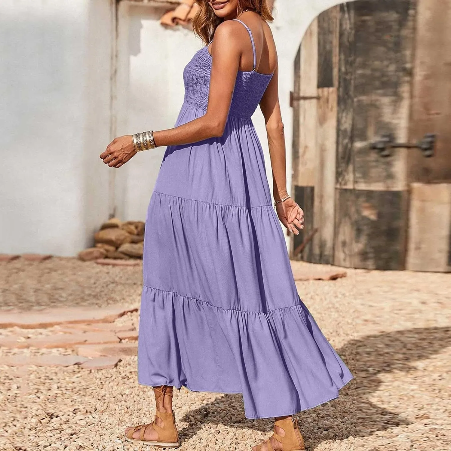 Sleeveless Spaghetti Strap Beach Dresses for Women Hawaiian Midi Dress Boho High Waist Smocked Flowy Long Maxi Dress