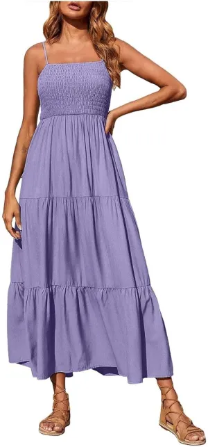 Sleeveless Spaghetti Strap Beach Dresses for Women Hawaiian Midi Dress Boho High Waist Smocked Flowy Long Maxi Dress
