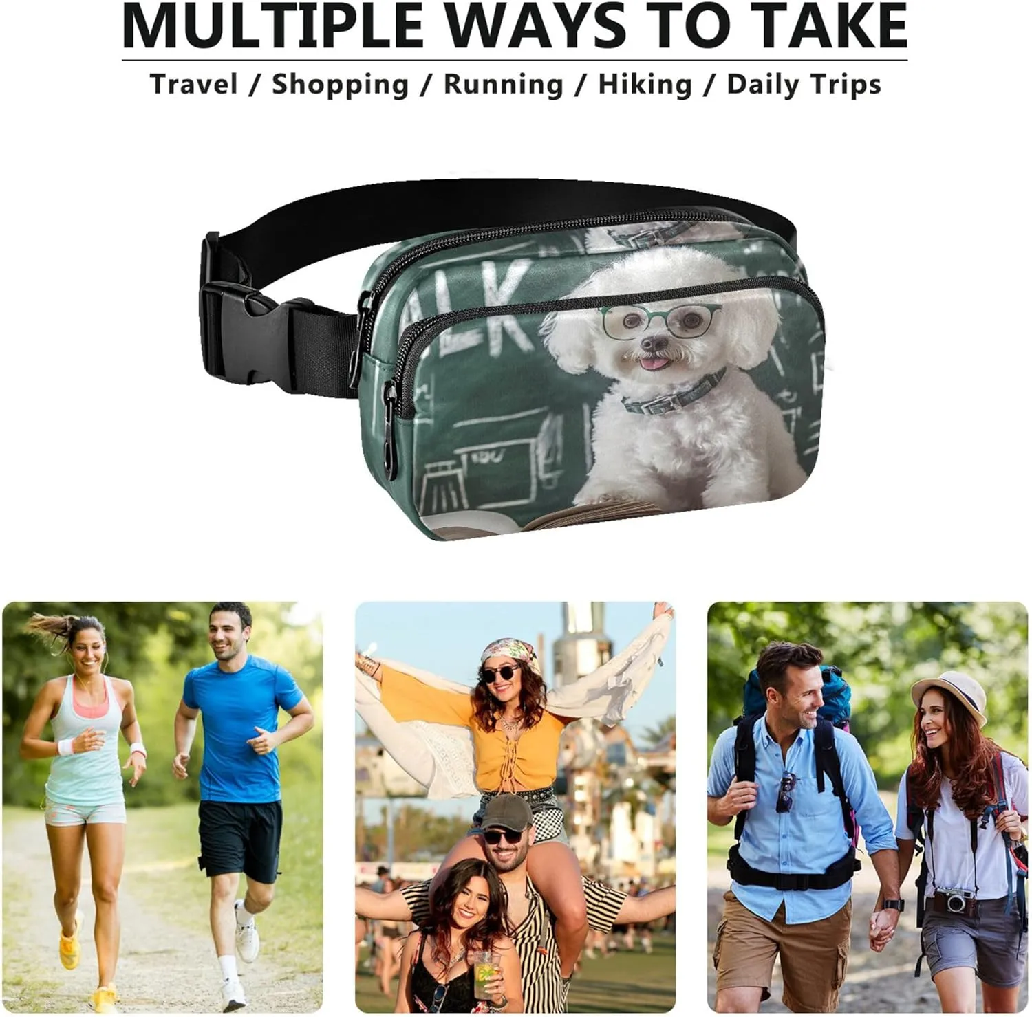 Smart Bichon Frise Glasses Books Women Fanny Packs Flower Hip Pouch Belt Bag Waterproof Travel Waist Pouch