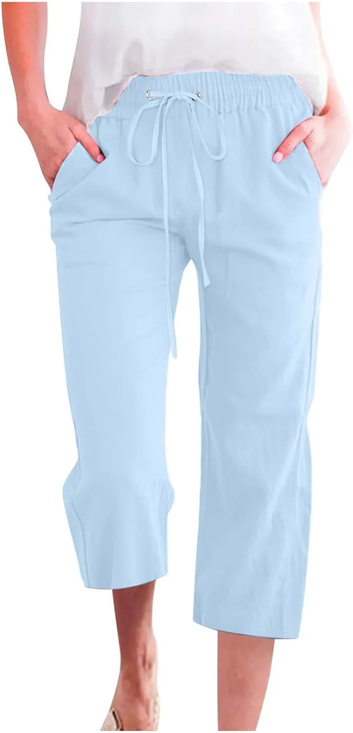 SMIDOW Women Cotton Linen Capris Pants Plus Size Knee Length Casual Elastic Waist Loose Paper Bag with Pockets Loose Trousers