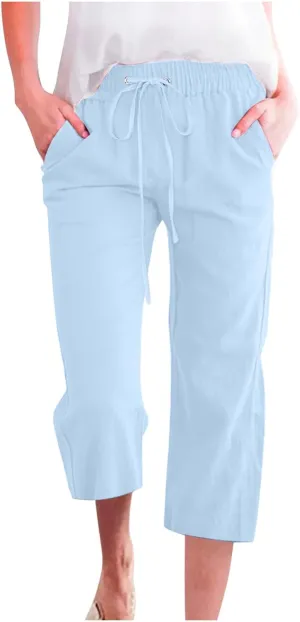 SMIDOW Women Cotton Linen Capris Pants Plus Size Knee Length Casual Elastic Waist Loose Paper Bag with Pockets Loose Trousers