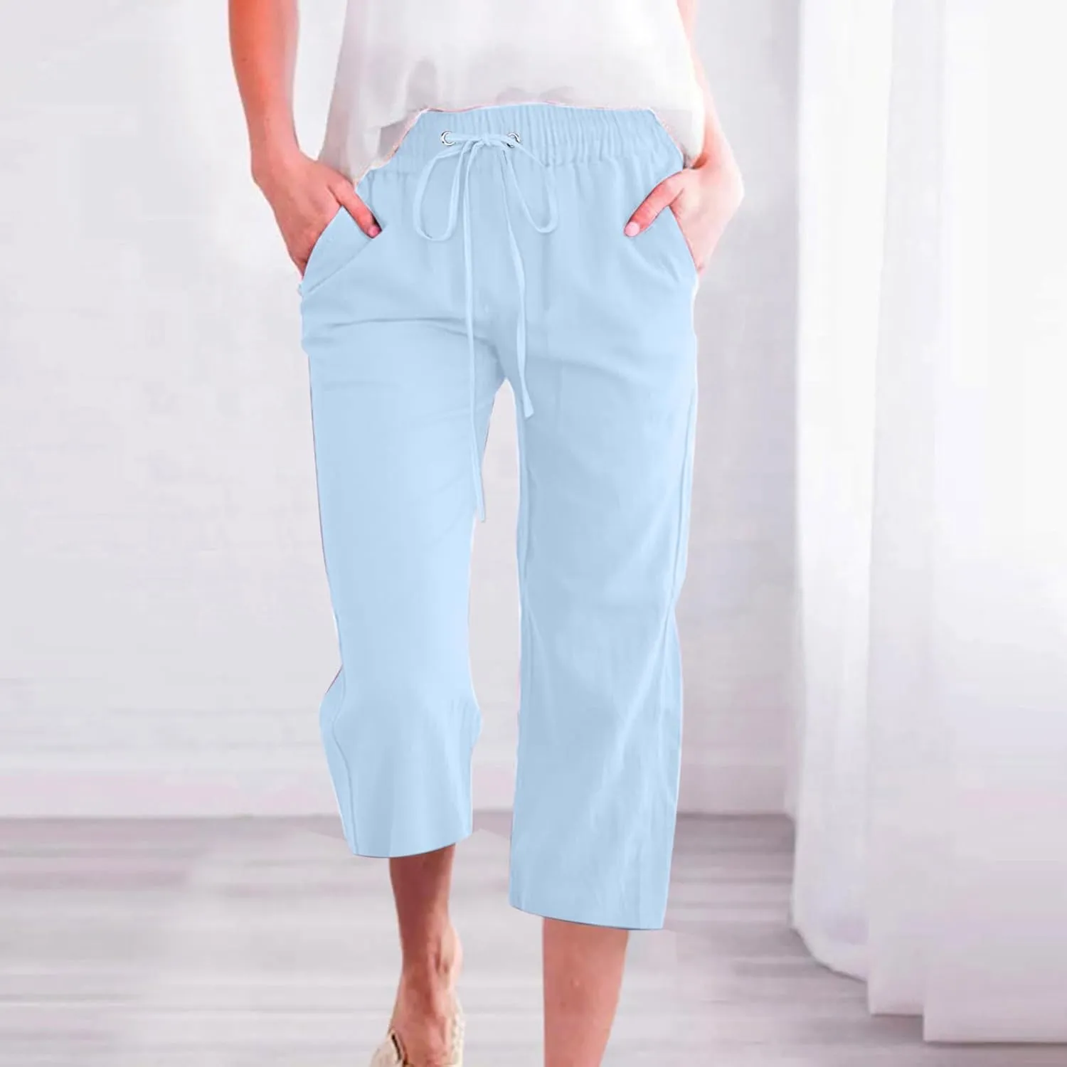 SMIDOW Women Cotton Linen Capris Pants Plus Size Knee Length Casual Elastic Waist Loose Paper Bag with Pockets Loose Trousers