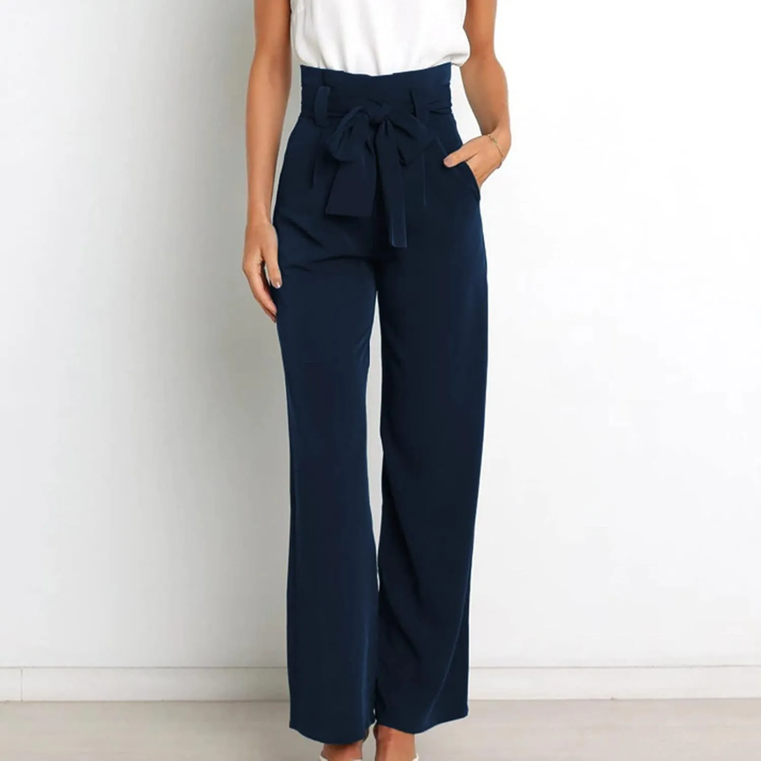 SMIDOW Womens High Waist Wide Leg Pants Paper Bag Business Casual Dress Pant Palazzo Long Work Trousers with Pockets