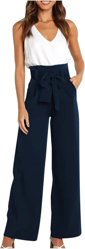 SMIDOW Womens High Waist Wide Leg Pants Paper Bag Business Casual Dress Pant Palazzo Long Work Trousers with Pockets