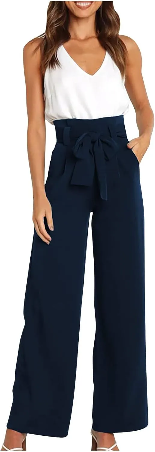 SMIDOW Womens High Waist Wide Leg Pants Paper Bag Business Casual Dress Pant Palazzo Long Work Trousers with Pockets