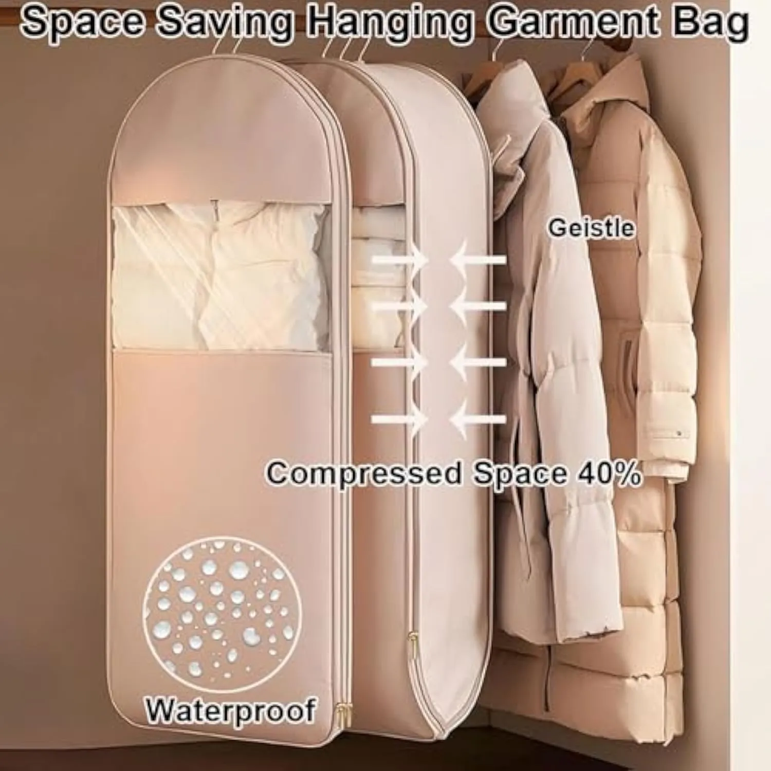 Space Saving Hanging Garment Ba, Space Saving Hanging Garment Bag with Self-Compression Zipper, Space Saver Closet Organizers,Dust Cover Clothes Bags for Down Coat (Pink, XL)