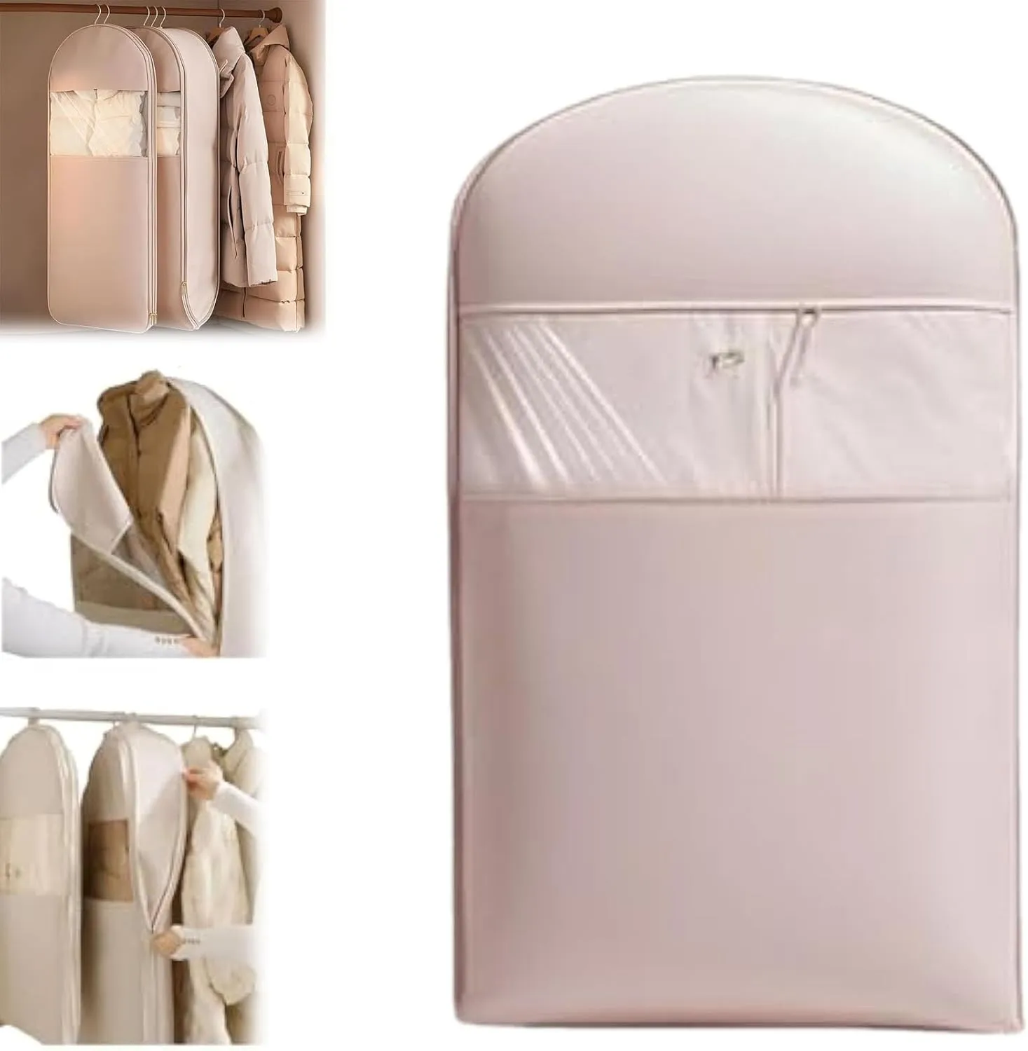 Space Saving Hanging Garment Ba, Space Saving Hanging Garment Bag with Self-Compression Zipper, Space Saver Closet Organizers,Dust Cover Clothes Bags for Down Coat (Pink, XL)