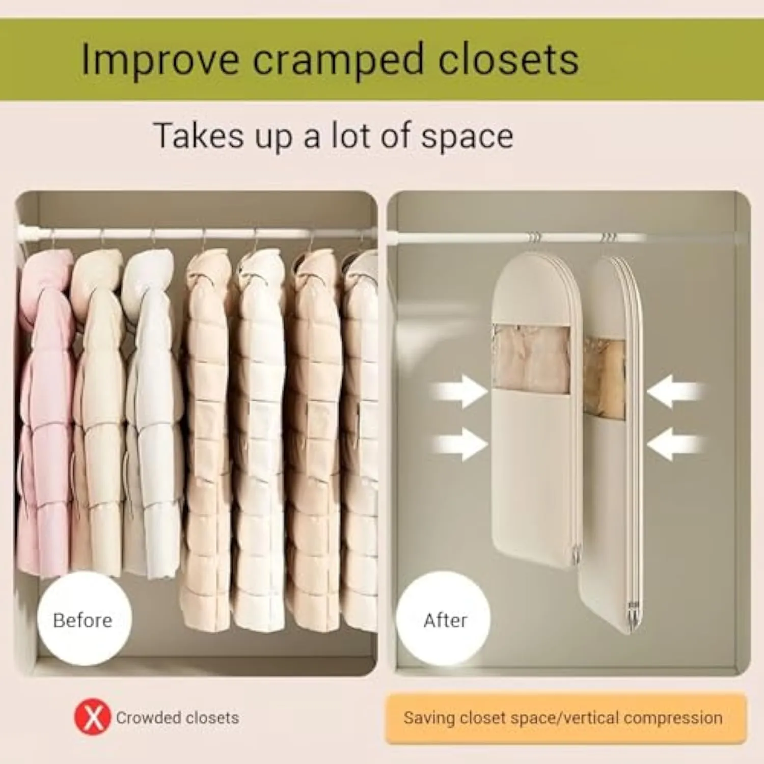 Space Saving Hanging Garment Ba, Space Saving Hanging Garment Bag with Self-Compression Zipper, Space Saver Closet Organizers,Dust Cover Clothes Bags for Down Coat (Pink, XL)