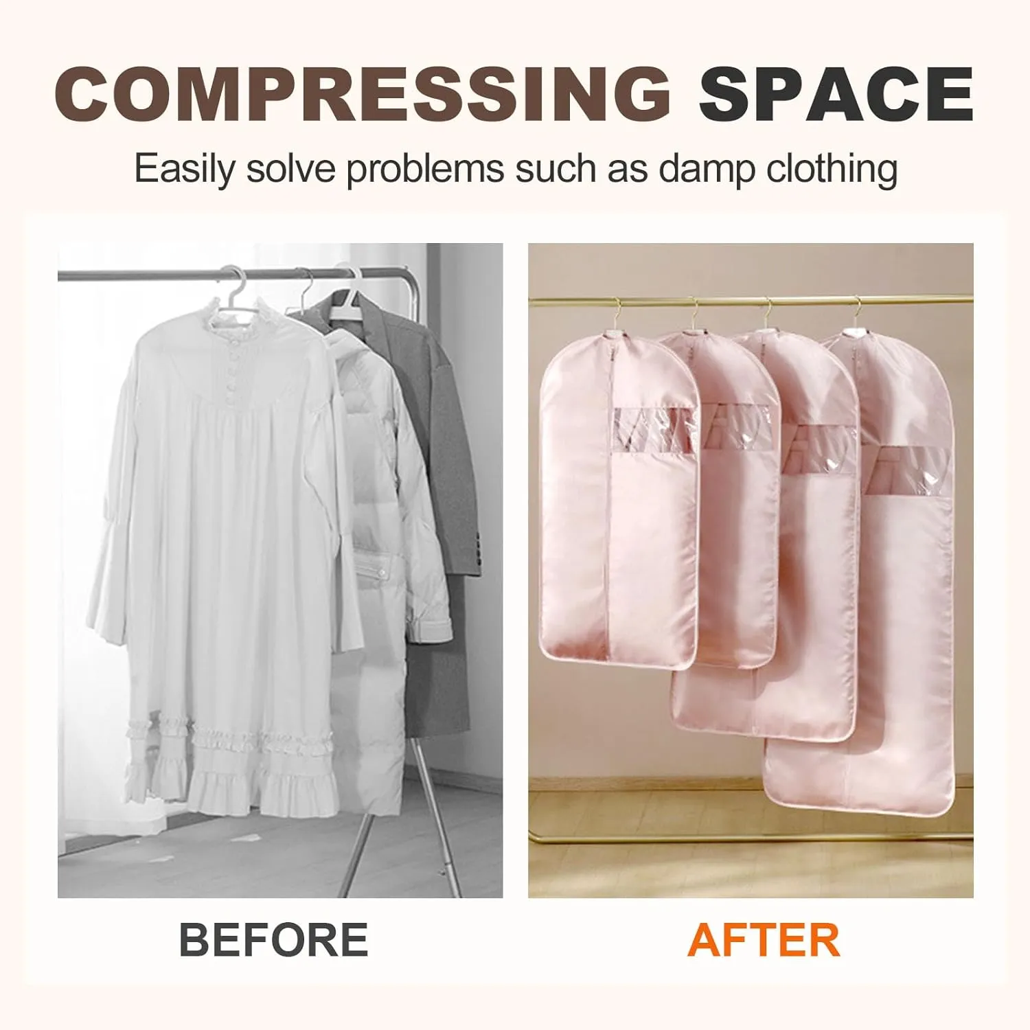 Space Saving Hanging Garment Bag, Dust Cover Clothes Bags for Down Coat with Self Compression Zipper, Hanging Clothes Bag Closet Storage Home (Beige, (Medium Large X-Large)3pcs)