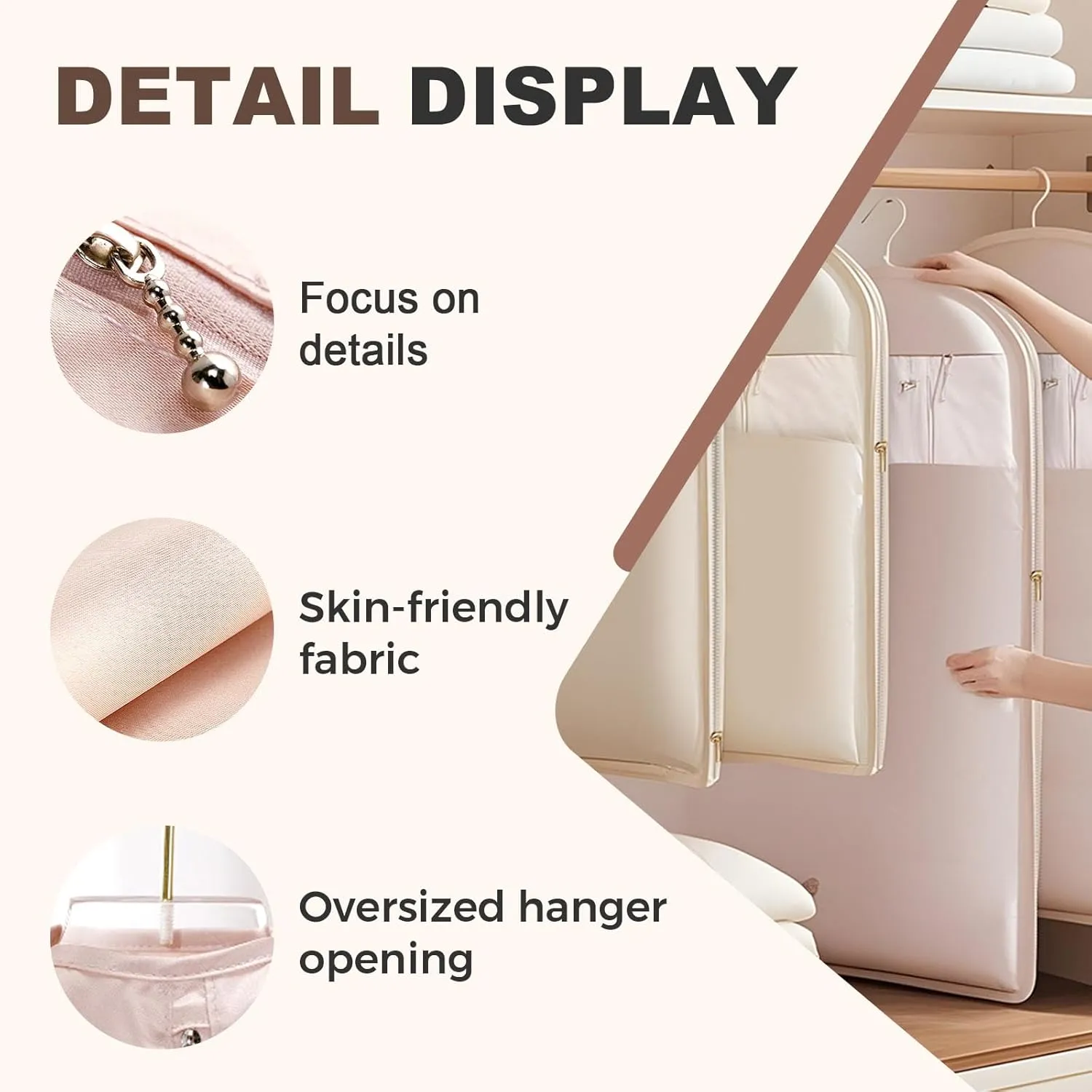 Space Saving Hanging Garment Bag, Dust Cover Clothes Bags for Down Coat with Self Compression Zipper, Hanging Clothes Bag Closet Storage Home (Beige, (Medium Large X-Large)3pcs)