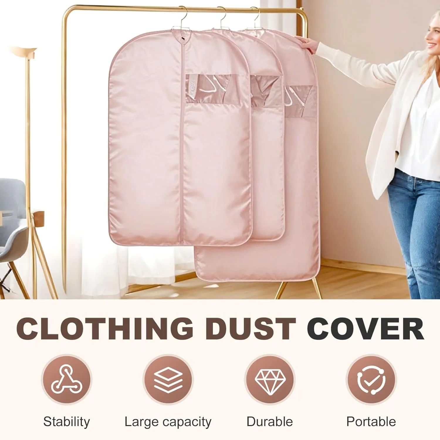 Space Saving Hanging Garment Bag, Dust Cover Clothes Bags for Down Coat with Self Compression Zipper, Hanging Clothes Bag Closet Storage Home (Beige, (Medium Large X-Large)3pcs)