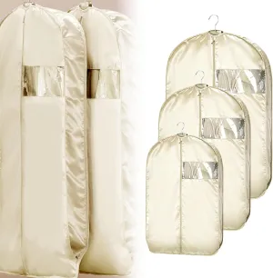 Space Saving Hanging Garment Bag, Dust Cover Clothes Bags for Down Coat with Self Compression Zipper, Hanging Clothes Bag Closet Storage Home (Beige, (Medium Large X-Large)3pcs)