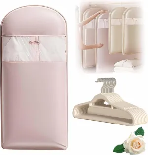 Space Saving Hanging Garment Bag wit with Self Compression Zipper, 2025 Upgrade Down Coat Compression Dust CoverSpace Saving Hanging Garment Bagfor Closet Storage (pINK, XL)
