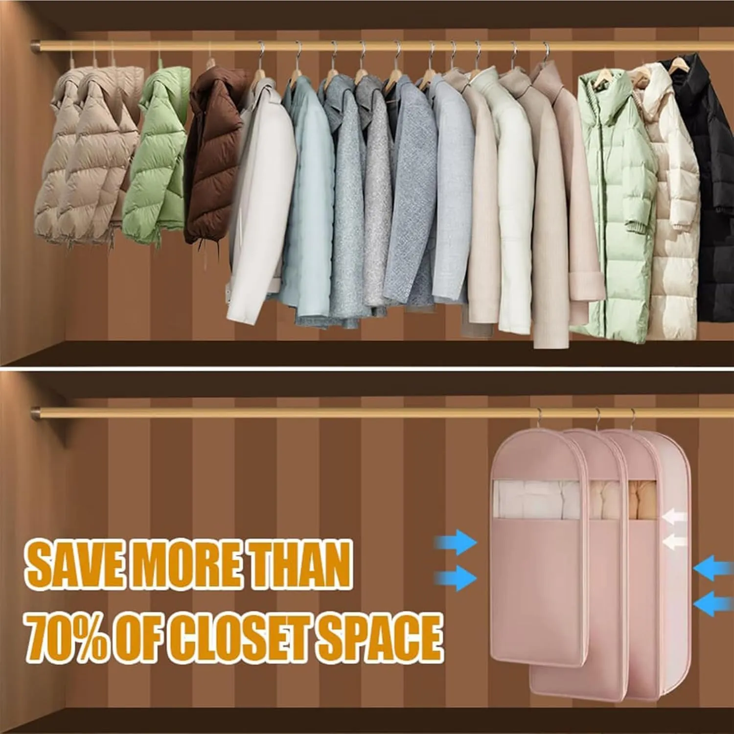 Space Saving Hanging Garment Bag wit with Self Compression Zipper, 2025 Upgrade Down Coat Compression Dust CoverSpace Saving Hanging Garment Bagfor Closet Storage (pINK, XL)