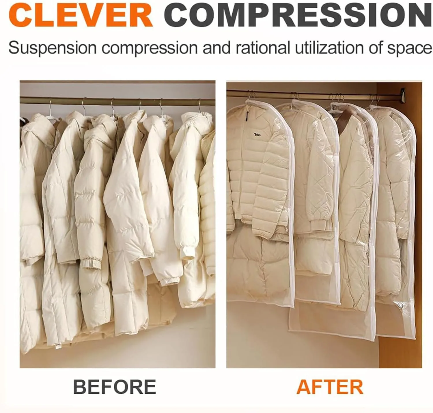 Space Saving Hanging Garment Bag with Self Compression Zipper 2025 New Hanging Protector Down Coat Compression Dust Cover Space Saver Closet Organizers (White, M)