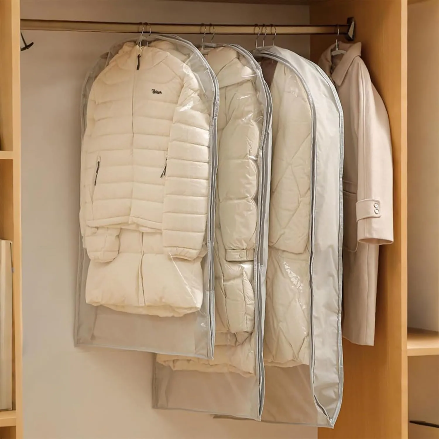 Space Saving Hanging Garment Bag with Self Compression Zipper 2025 New Hanging Protector Down Coat Compression Dust Cover Space Saver Closet Organizers (White, M)
