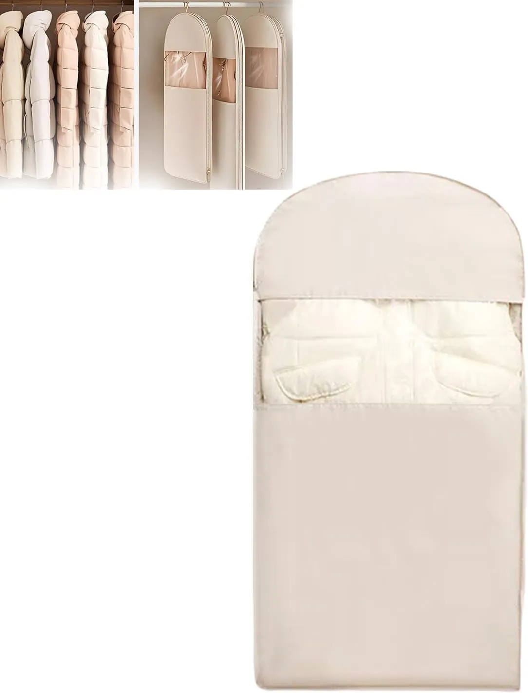 Space Saving Hanging Garment Bag with Self Compression Zipper, 2025 New, Space Saver Closet Organizers, Dust Cover Clothes Bags Travel Organizer for Down Coat Suit (Beige_L)