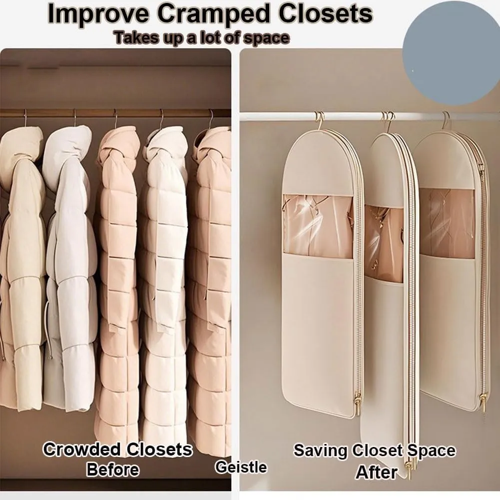 Space Saving Hanging Garment Bag with Self Compression Zipper, 2025 New, Space Saver Closet Organizers, Dust Cover Clothes Bags Travel Organizer for Down Coat Suit (Beige_L)