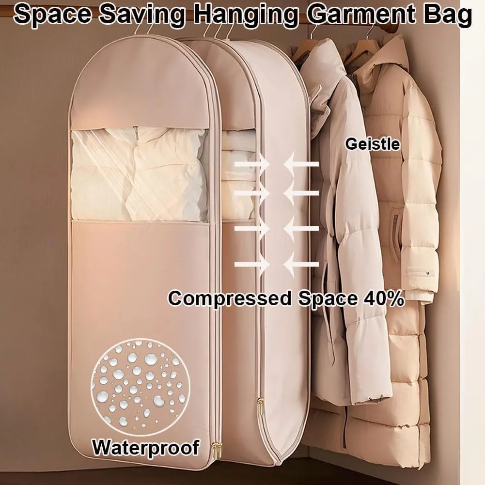 Space Saving Hanging Garment Bag with Self Compression Zipper, 2025 New, Space Saver Closet Organizers, Dust Cover Clothes Bags Travel Organizer for Down Coat Suit (Beige_L)