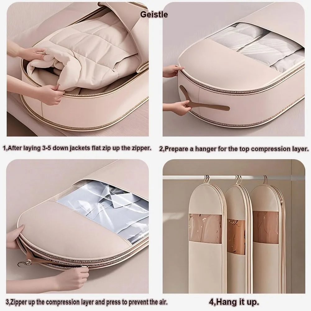 Space Saving Hanging Garment Bag with Self Compression Zipper, 2025 New, Space Saver Closet Organizers, Dust Cover Clothes Bags Travel Organizer for Down Coat Suit (Beige_L)