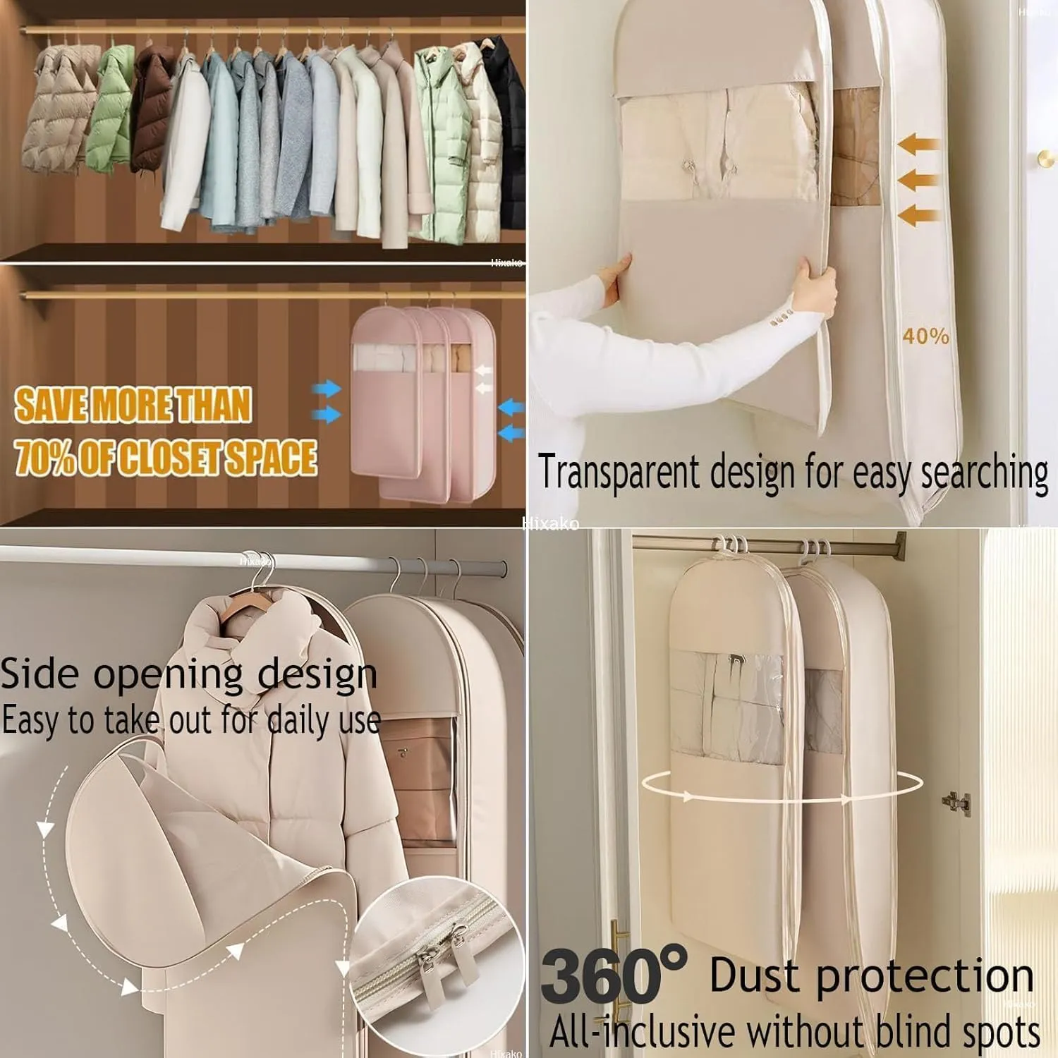 Space Saving Hanging Garment Bag with Self Compression Zipper, 2025 New, Space Saver Closet Organizers, Dust Cover Clothes Bags Travel Organizer for Down Coat Suit (Beige_L)