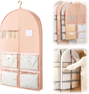 Space Saving Hanging Garment Bag with Self Compression Zipper, 2025 Space Saver Closet Organizers, Protects Clothes from Wrinkles, Dust Cover Travel Bags with Hanger for Down Coat (pink, L)