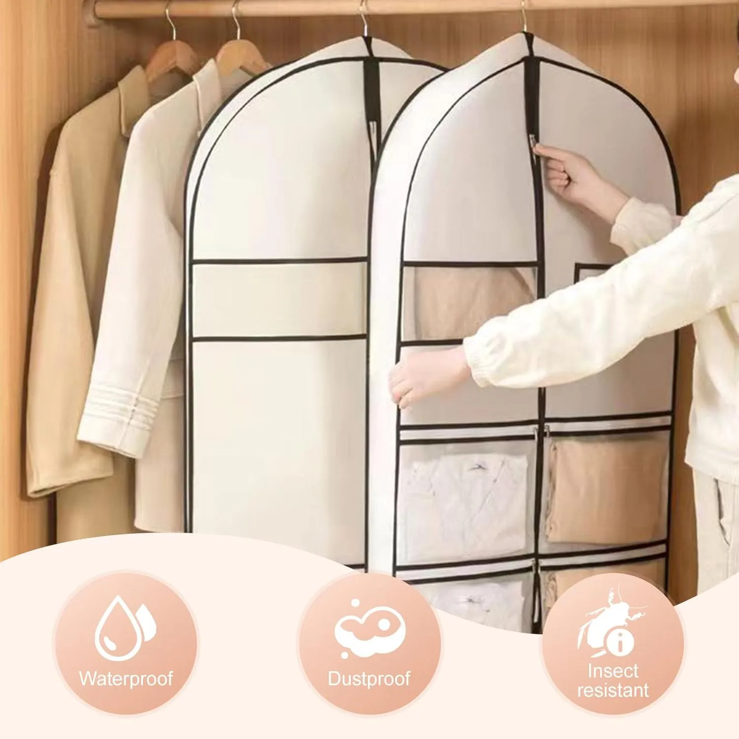 Space Saving Hanging Garment Bag with Self Compression Zipper, 2025 Space Saver Closet Organizers, Protects Clothes from Wrinkles, Dust Cover Travel Bags with Hanger for Down Coat (pink, L)