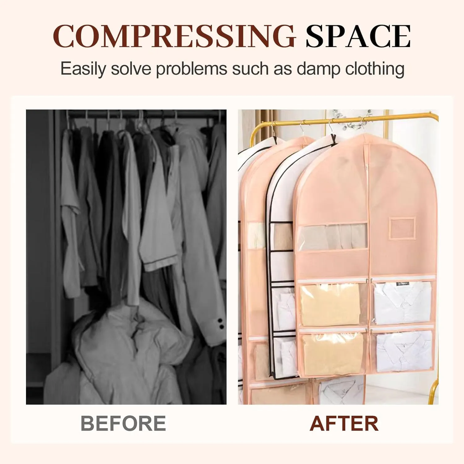 Space Saving Hanging Garment Bag with Self Compression Zipper, 2025 Space Saver Closet Organizers, Protects Clothes from Wrinkles, Dust Cover Travel Bags with Hanger for Down Coat (pink, S)