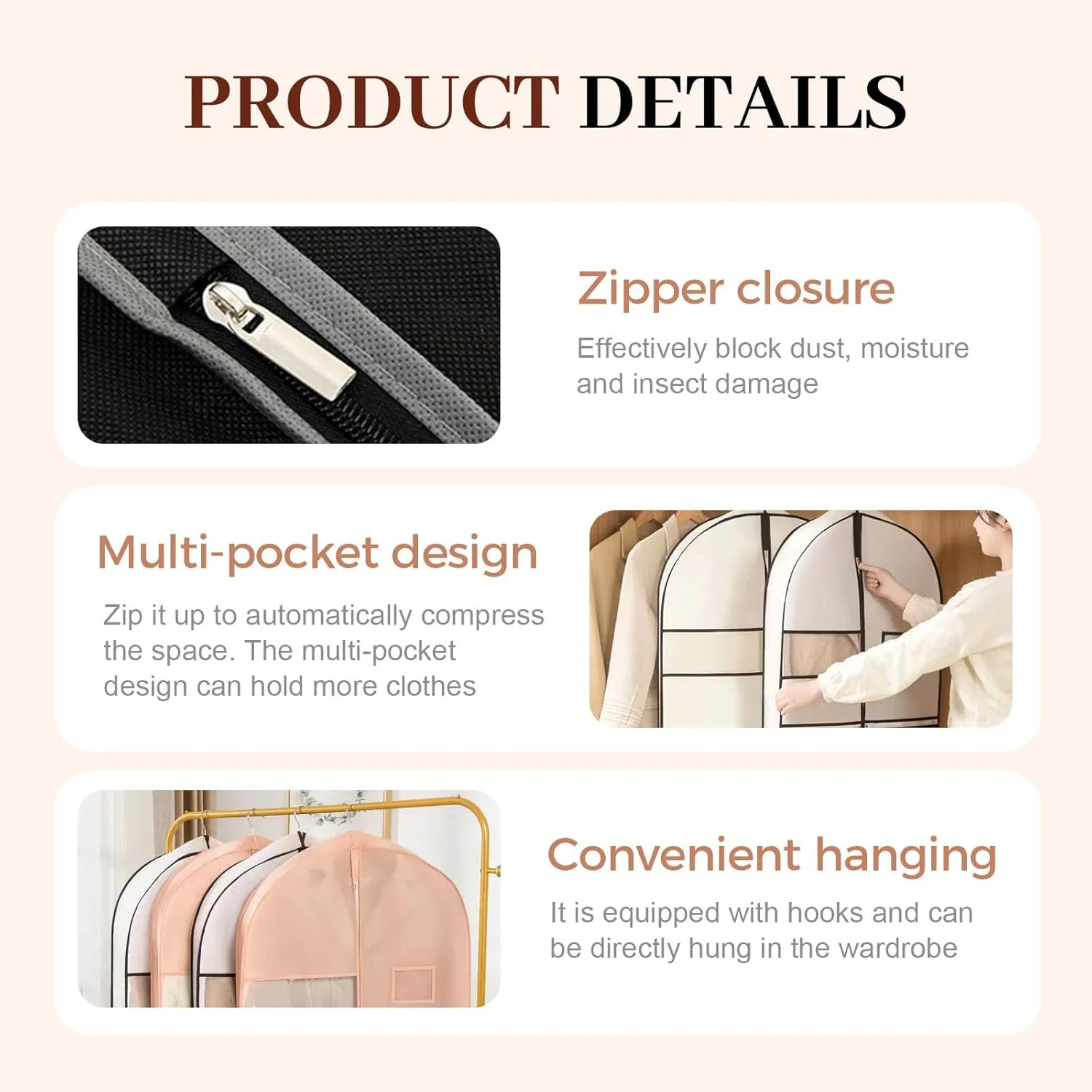 Space Saving Hanging Garment Bag with Self Compression Zipper, 2025 Space Saver Closet Organizers, Protects Clothes from Wrinkles, Dust Cover Travel Bags with Hanger for Down Coat (pink, S)