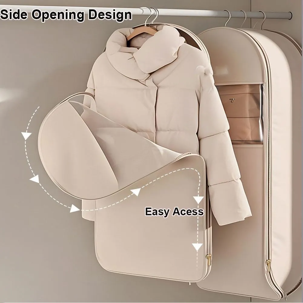 Space Saving Hanging Garment Bag with Self Compression Zipper, 2025 Space Saving Storage Closet Organizers, Heavy Duty Cover Clothes Bags for down Coat (Beige-L)