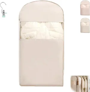 Space Saving Hanging Garment Bag with Self Compression Zipper, 2025 Space Saving Storage Closet Organizers, Heavy Duty Cover Clothes Bags for down Coat (Beige-L)