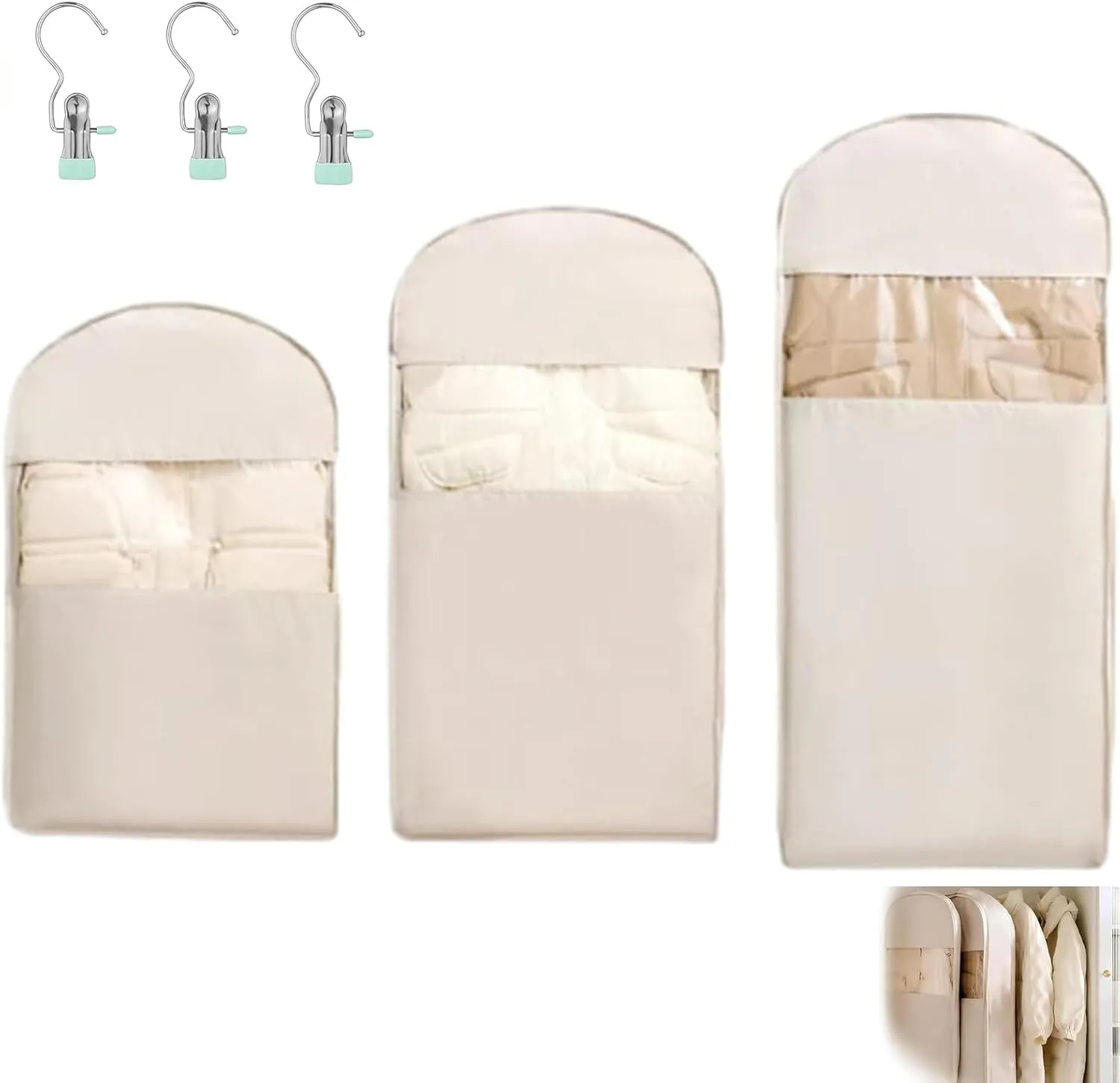 Space Saving Hanging Garment Bag with Self Compression Zipper, 2025 Space Saving Storage Closet Organizers, Heavy Duty Cover Clothes Bags for down Coat (Beige-(M L XL))