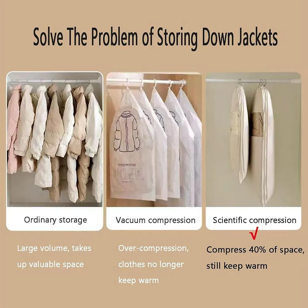 Space Saving Hanging Garment Bag with Self Compression Zipper, 2025 Space Saving Storage Closet Organizers, Heavy Duty Cover Clothes Bags for down Coat (Beige-(M L XL))