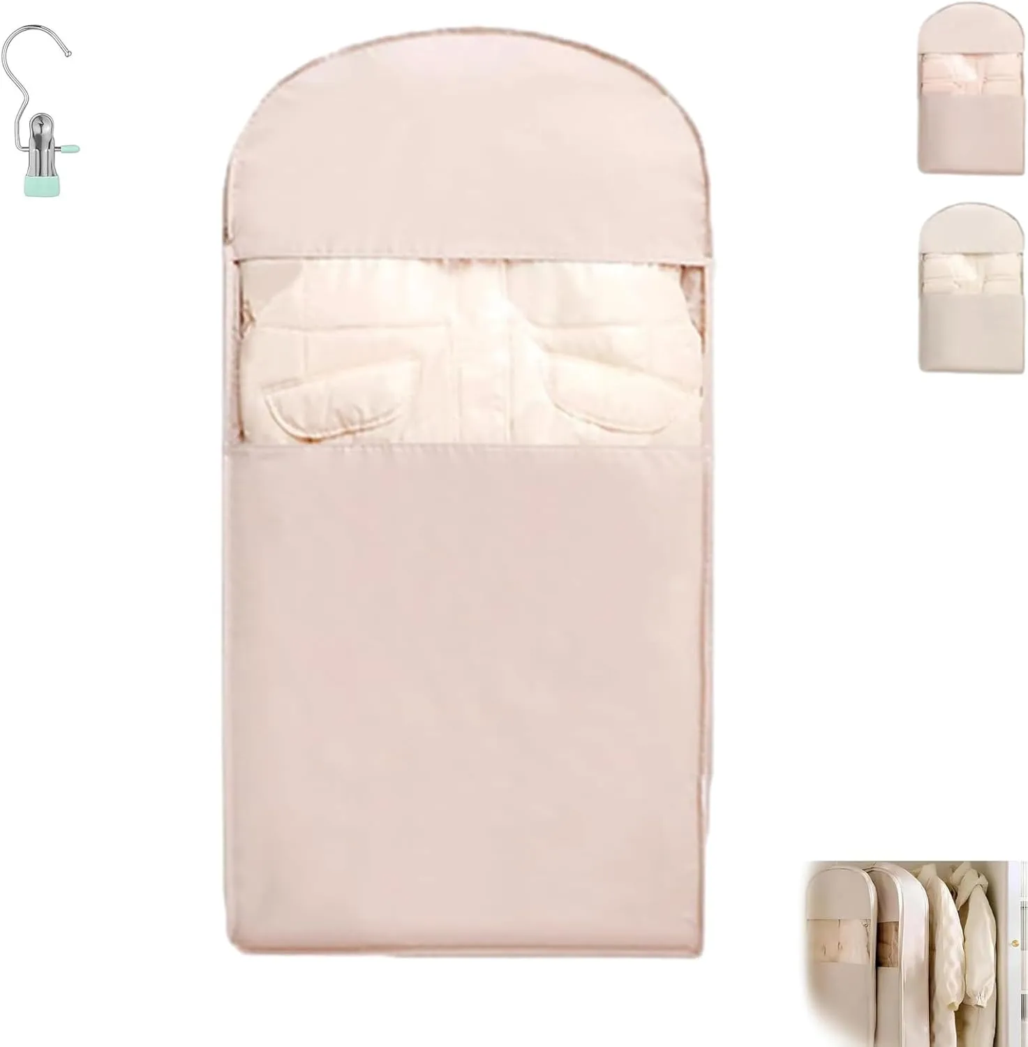 Space Saving Hanging Garment Bag with Self Compression Zipper, 2025 Space Saving Storage Closet Organizers, Heavy Duty Cover Clothes Bags for down Coat (Pink-L)
