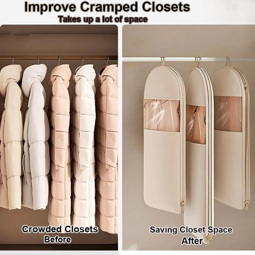 Space Saving Hanging Garment Bag with Self Compression Zipper, 35/43/51" Heavy Duty Garment Bag, Dust-Proof and Wrinkle-Proof Clothes Storage Organizer for Closet Wardrobe (Beige, L)