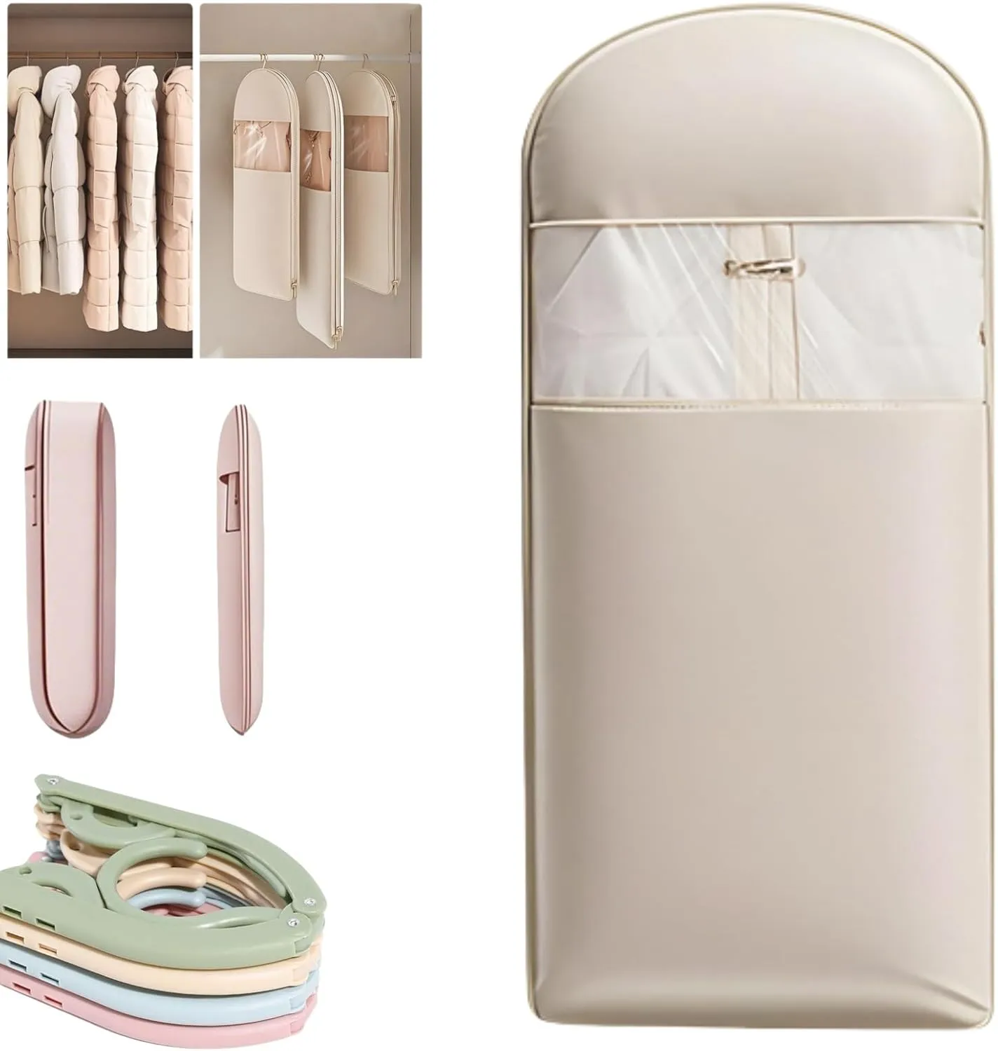 Space Saving Hanging Garment Bag with Self Compression Zipper, 35/43/51" Heavy Duty Garment Bag, Dust-Proof and Wrinkle-Proof Clothes Storage Organizer for Closet Wardrobe (Beige, L)